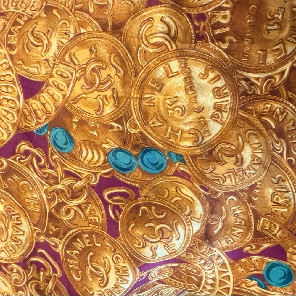 Vintage Chanel Silk Scarf in Burgundy with Gold Chain and Coin Detail